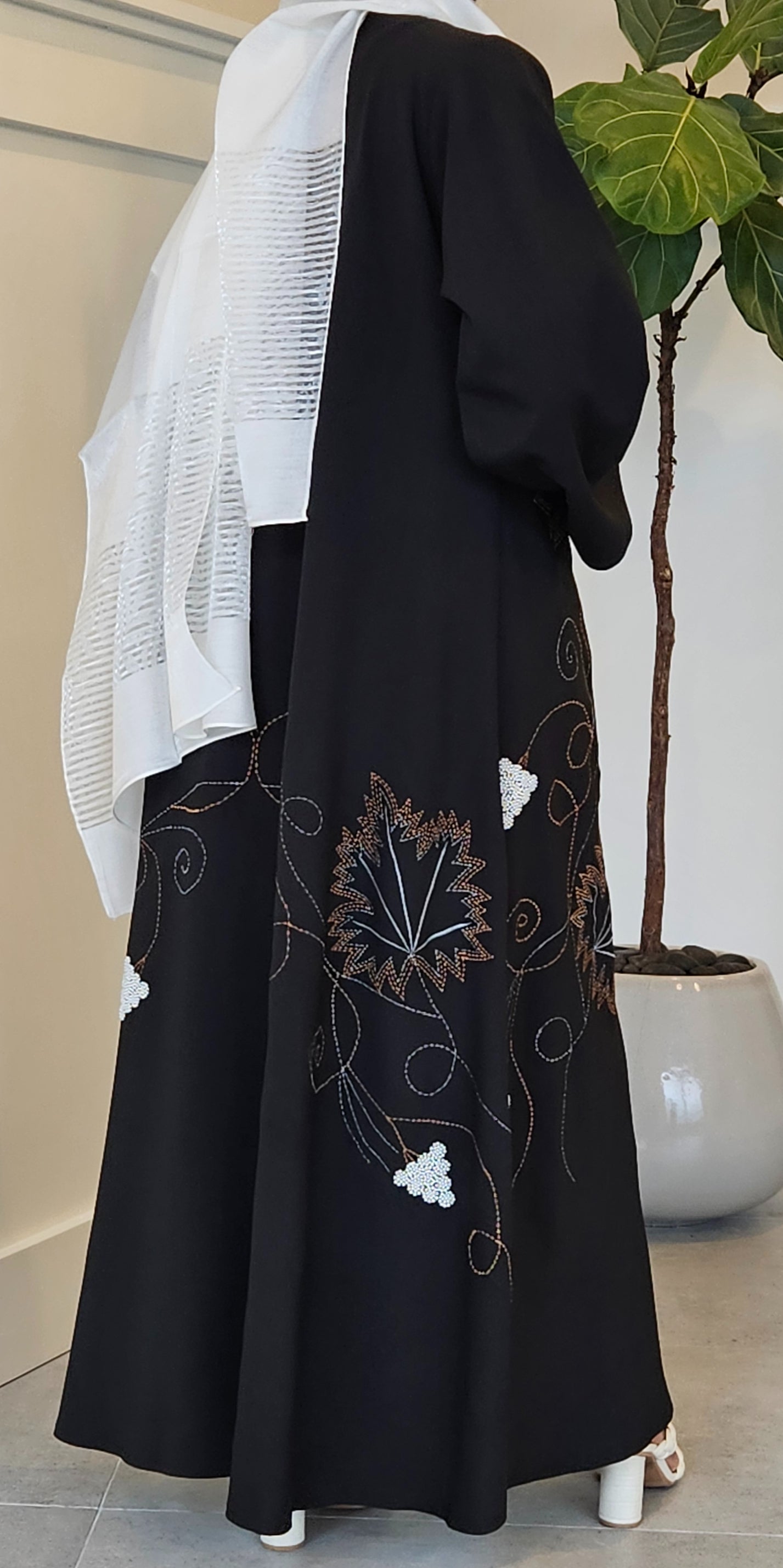 Midnight Grace: Black Abaya with White Embroidery