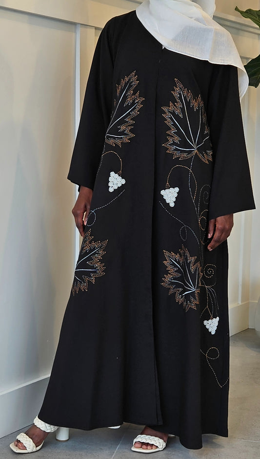 Midnight Grace: Black Abaya with White Embroidery