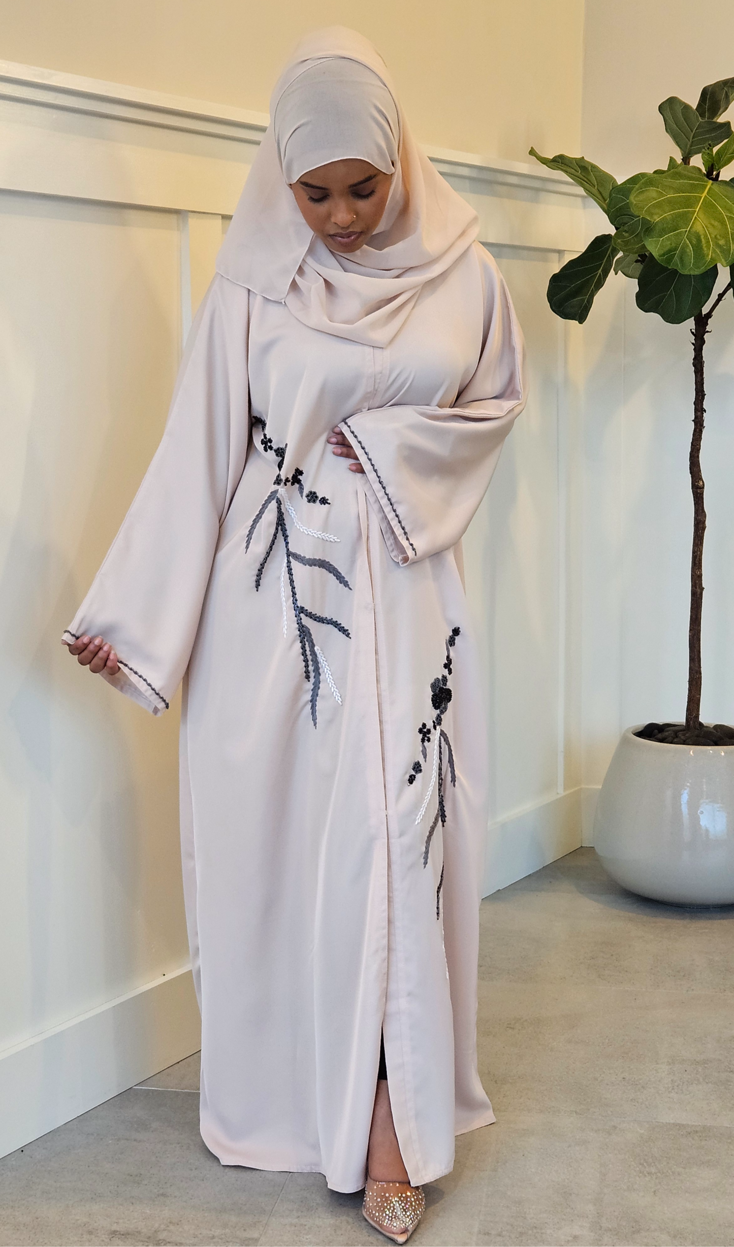 Beige Noir Embroidered Abaya