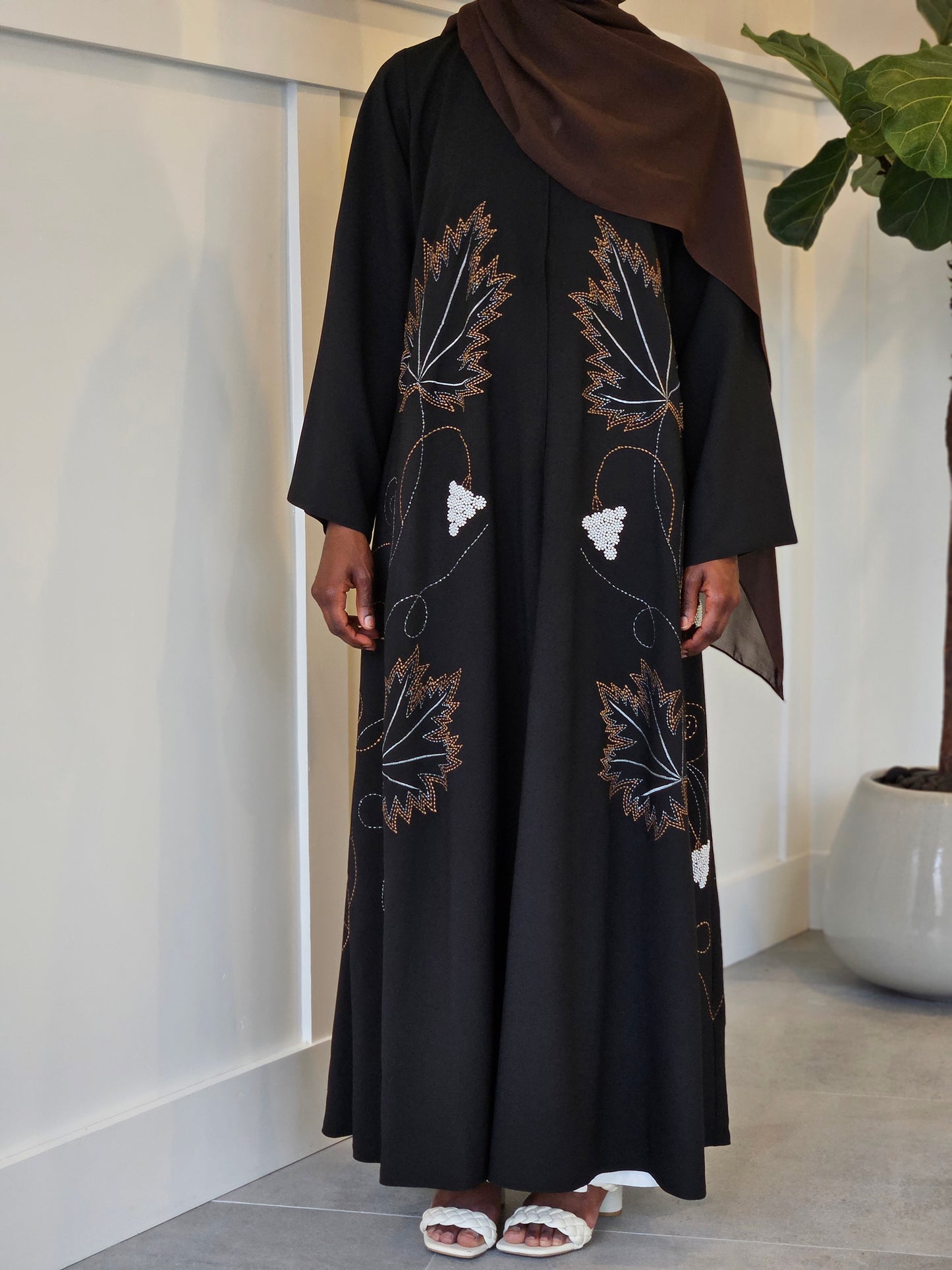 Midnight Grace: Black Abaya with White Embroidery
