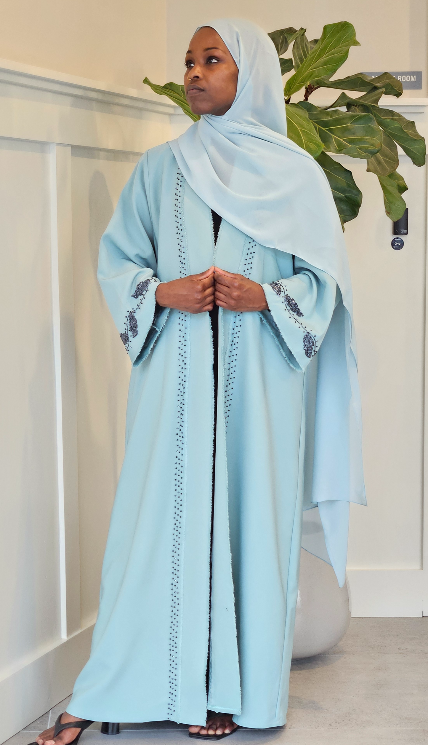 Beaded Blue Haven Light Embroidery Abaya