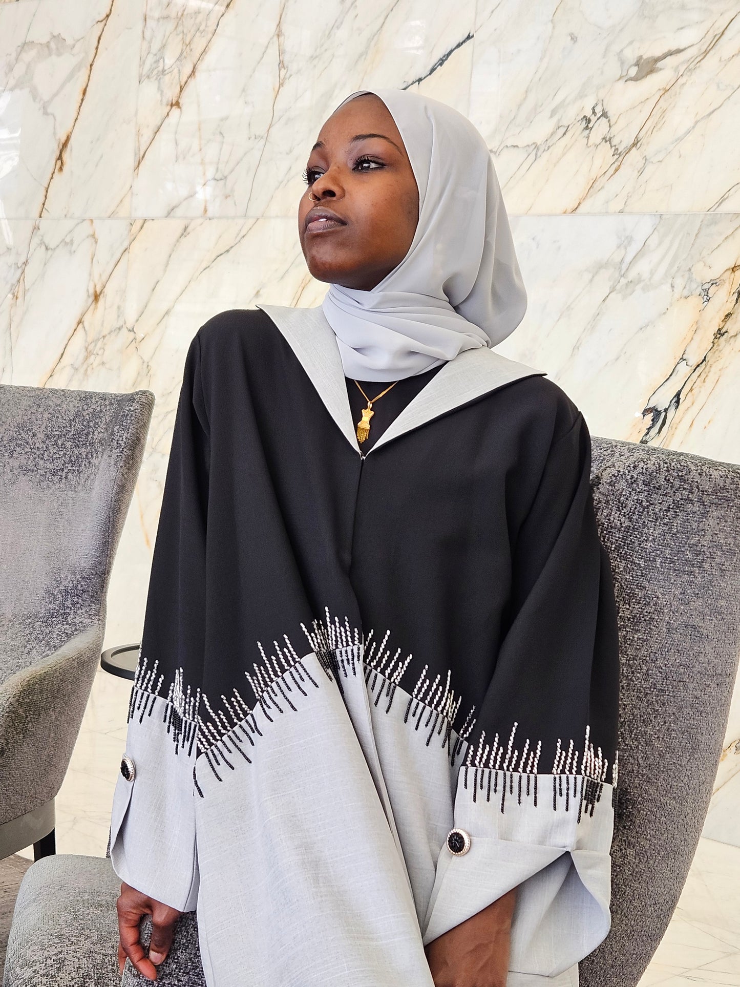 Light Grey with Black Trim - Aurora Abaya Collection