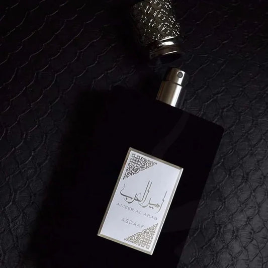 Asdaaf Ameer Al Arab Parfum 100ml black perfume bottle with silver spray nozzle and elegant Arabic-inspired label