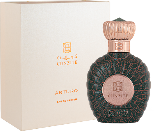 Cunzite Arturo Parfum 75ml dark green perfume bottle with rose gold cap and luxury fragrance box