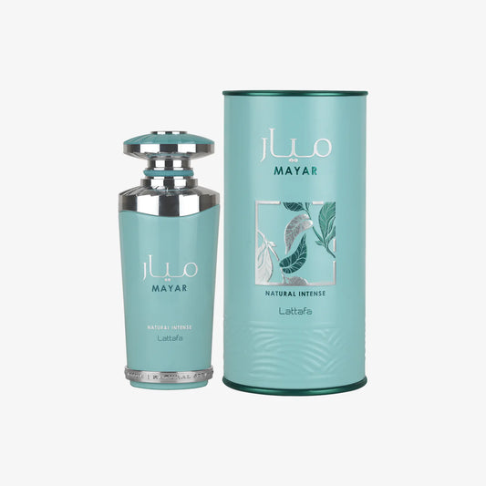 Lattafa Mayar Natural Intense 100ml parfum bottle standing next to its matching turquoise cylinder gift packaging with silver leaf illustrations, set against a plain white background.