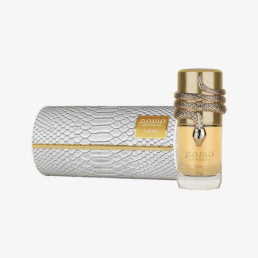 Lattafa Musamam White Intense Parfum 100ml with elegant gold perfume bottle and matching white textured fragrance box