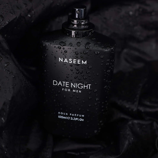 Naseem Date Night Aqua Parfum 100ml for Men luxury fragrance bottle with water droplets and elegant black design