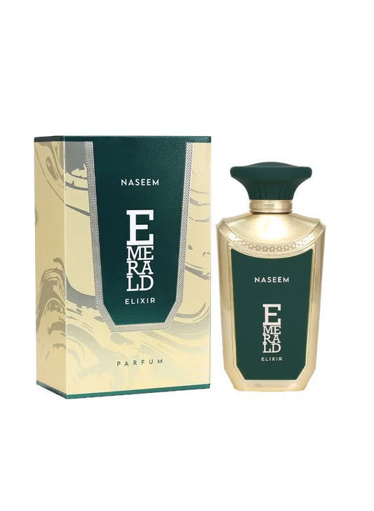 Naseem Emerald Elixir Parfum 100ml with elegant gold perfume bottle, deep green label, green cap, and matching fragrance box