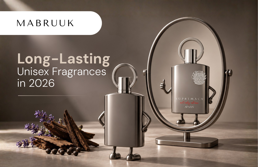 Long-lasting unisex fragrances in 2026 featuring perfume bottles, oud, lavender, and aromatic spices.