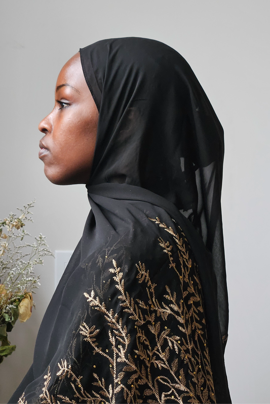 Summer Soft Chiffon Scarf with Gold Embroidery: Golden Breeze