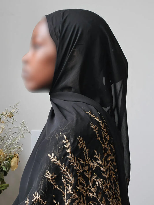 Summer Soft Chiffon Scarf with Gold Embroidery: Golden Breeze