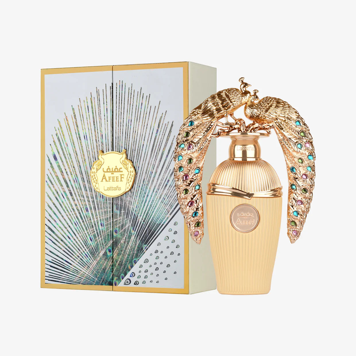Afeef Lattafa Parfum 100ml with elegant gold perfume bottle, peacock-inspired design, and matching decorative fragrance box