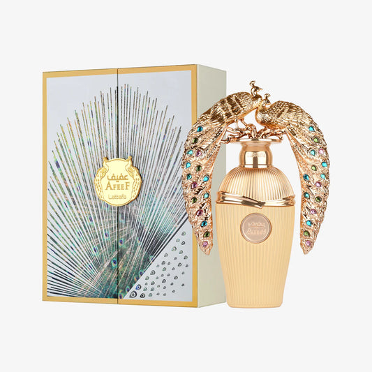 Afeef Lattafa Parfum 100ml with elegant gold perfume bottle, peacock-inspired design, and matching decorative fragrance box