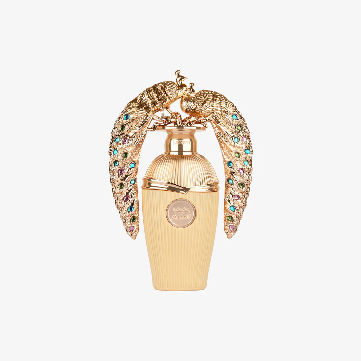 Afeef Lattafa Parfum 100ml in an elegant gold perfume bottle with an ornate peacock-inspired decorative design