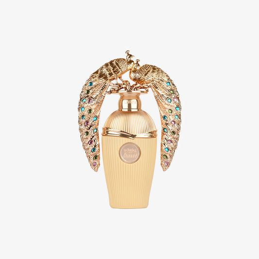 Afeef Lattafa Parfum 100ml in an elegant gold perfume bottle with an ornate peacock-inspired decorative design