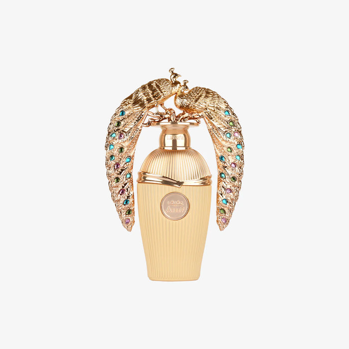 Afeef Lattafa Parfum 100ml in an elegant gold perfume bottle with an ornate peacock-inspired decorative design