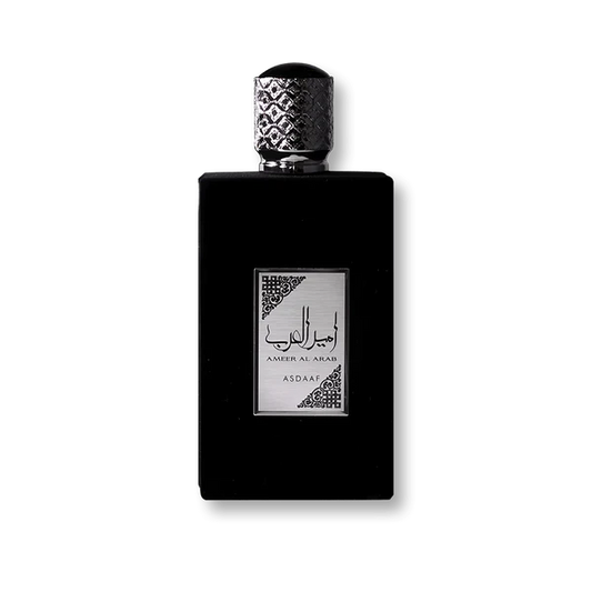 Asdaaf Ameer Al Arab Parfum 100ml in an elegant black perfume bottle with silver cap and Arabic-inspired label design