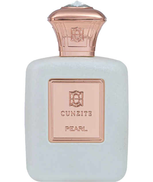 Cunzite Pearl Parfum 80ml elegant white perfume bottle with rose gold cap and luxury fragrance design