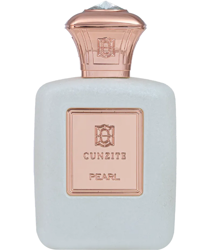 Cunzite Pearl Parfum 80ml elegant white perfume bottle with rose gold cap and luxury fragrance design