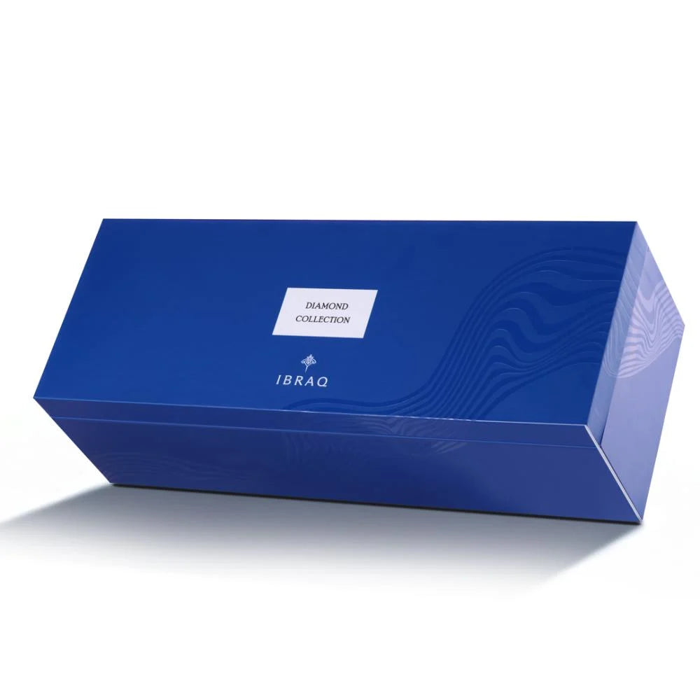A closed blue Ibraq Diamond Collection perfume gift box on a white background.