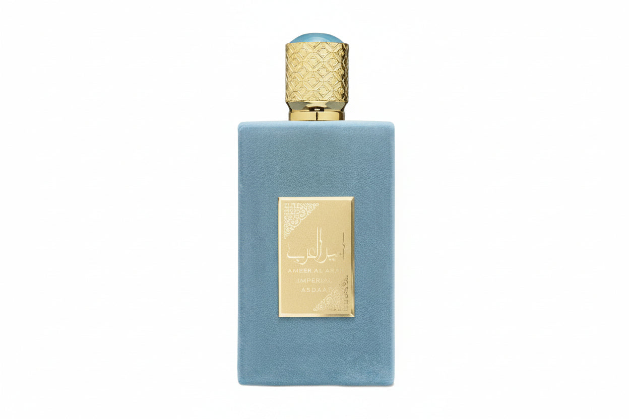 Lattafa Ameer Al Arab Imperium Parfum 100ml in an elegant blue perfume bottle with gold cap and Arabic-inspired detailing