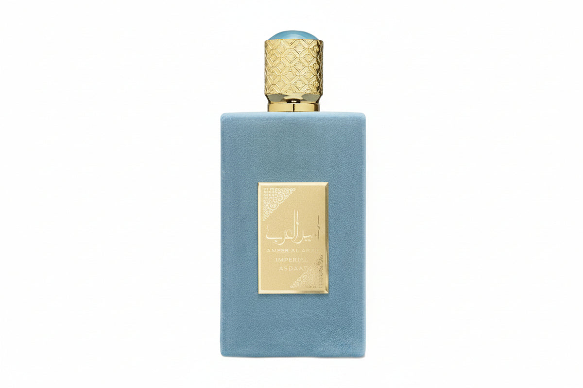 Lattafa Ameer Al Arab Imperium Parfum 100ml in an elegant blue perfume bottle with gold cap and Arabic-inspired detailing