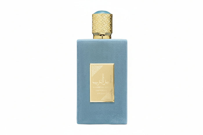 Lattafa Ameer Al Arab Imperium Parfum 100ml in an elegant blue perfume bottle with gold cap and Arabic-inspired detailing