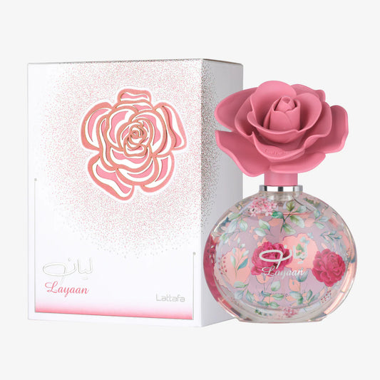 Lattafa Layaan Parfum 75ml with pink floral perfume bottle, rose-shaped cap, and matching decorative fragrance box