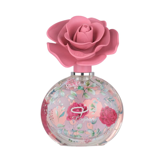Lattafa Layaan Parfum 75ml in an elegant pink floral perfume bottle with a rose-shaped cap and decorative floral design