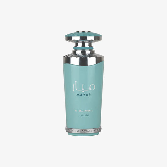 Lattafa Mayar Natural Intense 100ml parfum bottle in a vibrant turquoise blue with polished silver metallic accents and a decorative matching cap, centered against a solid white background.