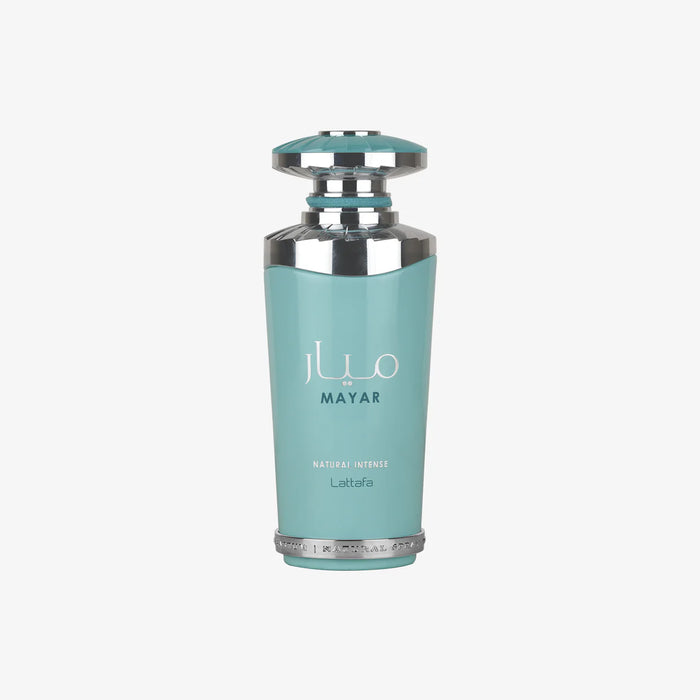 Lattafa Mayar Natural Intense 100ml parfum bottle in a vibrant turquoise blue with polished silver metallic accents and a decorative matching cap, centered against a solid white background.