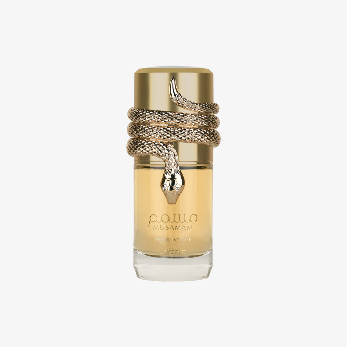 Lattafa Musamam White Intense Parfum 100ml in an elegant gold perfume bottle with a distinctive snake-inspired decorative design