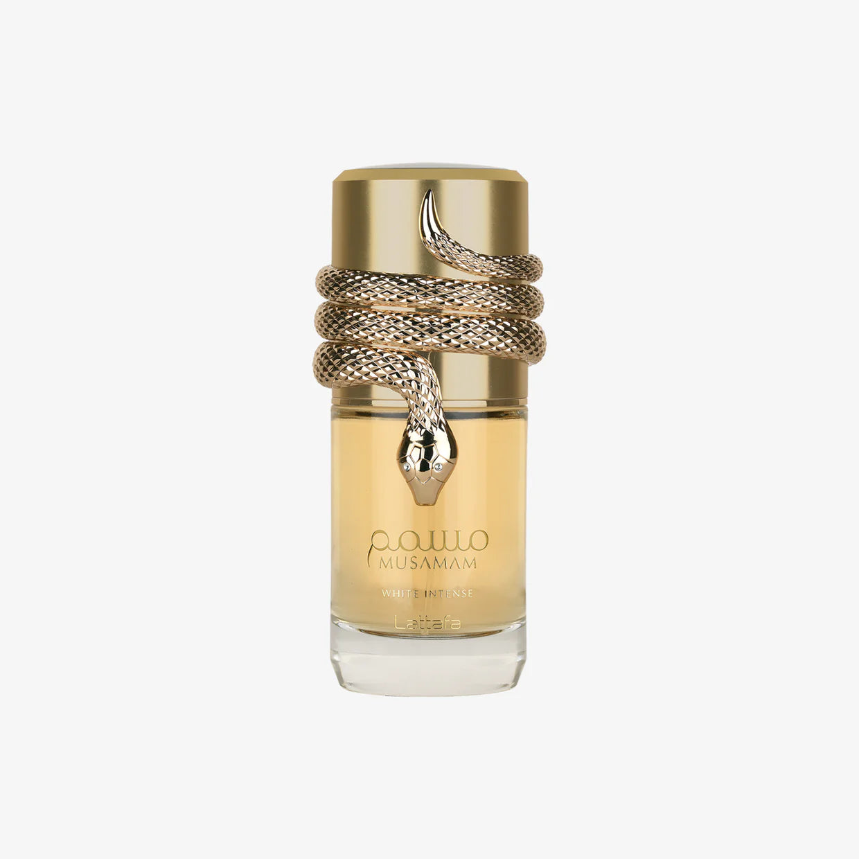 Lattafa Musamam White Intense Parfum 100ml in an elegant gold perfume bottle with a distinctive snake-inspired decorative design