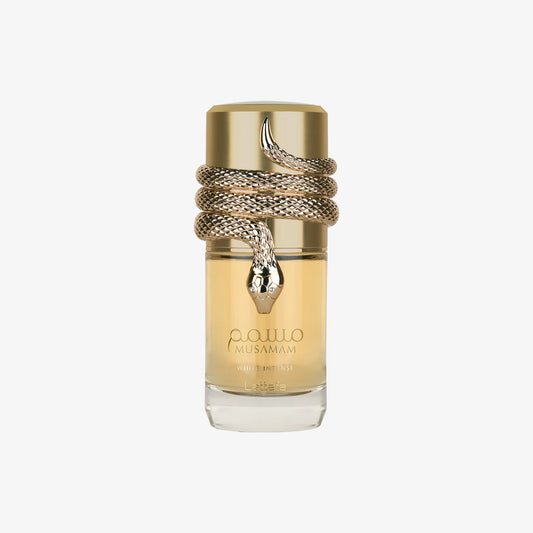 Lattafa Musamam White Intense Parfum 100ml in an elegant gold perfume bottle with a distinctive snake-inspired decorative design