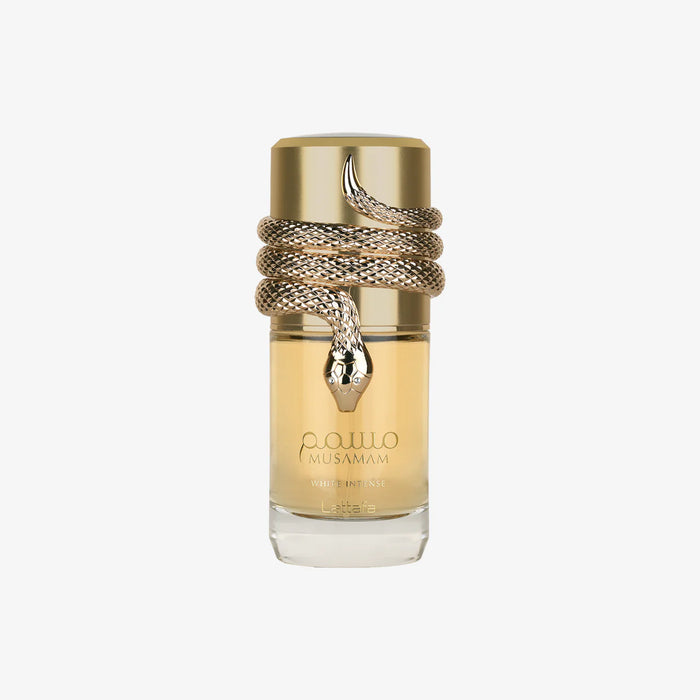 Lattafa Musamam White Intense Parfum 100ml in an elegant gold perfume bottle with a distinctive snake-inspired decorative design
