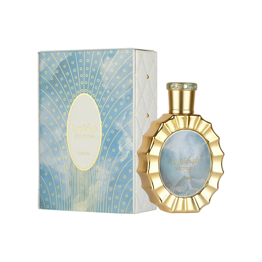 Lattafa Victoria Parfum 100ml with elegant gold perfume bottle and matching blue and gold decorative fragrance box