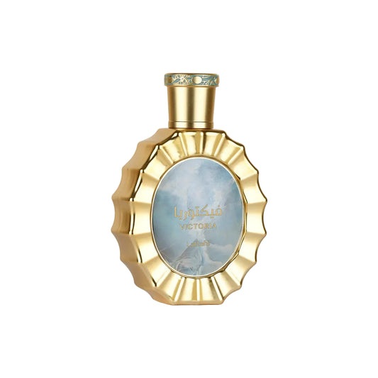 Lattafa Victoria Parfum 100ml in an elegant gold perfume bottle with a decorative sunburst design and blue center label