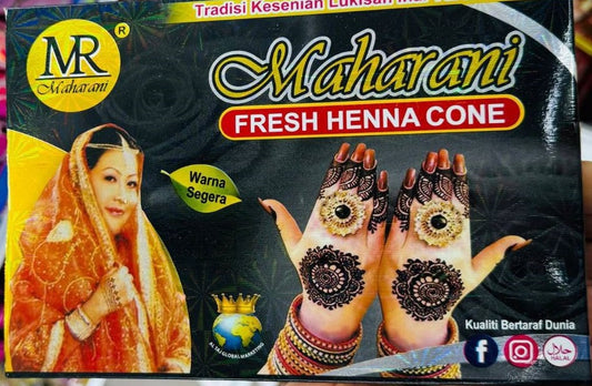 Maharani Fresh Henna Cone for traditional mehndi designs, featuring henna hand art and bridal henna application