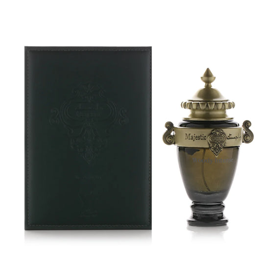 Majestic Woody Intense 100ml perfume bottle with elegant black packaging and distinctive gold decorative design