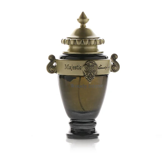Majestic Woody Intense 100ml perfume bottle with an elegant gold and black decorative design