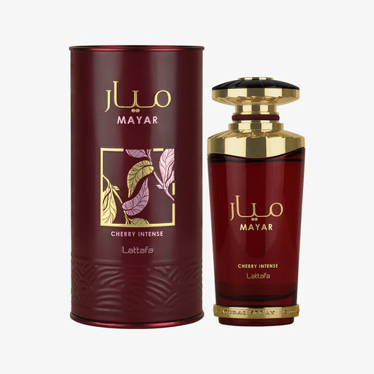Mayar Cherry Intense Parfum 100ml by Lattafa with red perfume bottle and matching cylindrical packaging