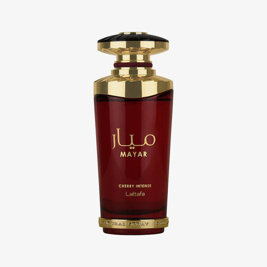 Mayar Cherry Intense Parfum 100ml by Lattafa Perfumes in an elegant red bottle with a gold decorative cap