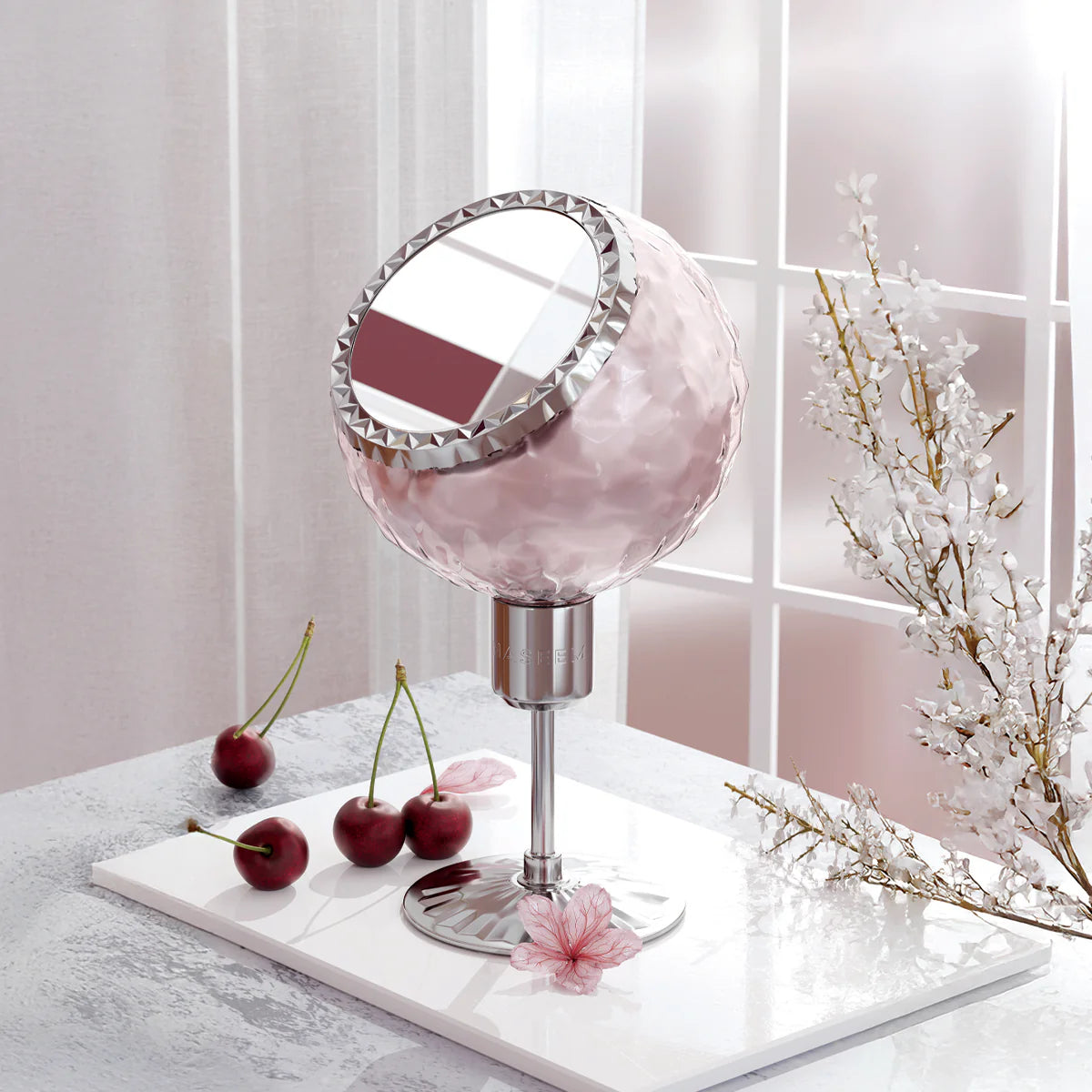 Naseem Asmira Aqua Parfum 100ml pink and silver perfume bottle displayed with fresh cherries and floral decor