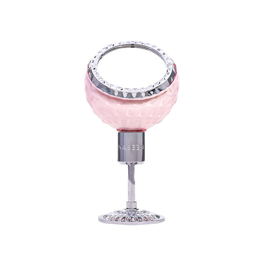 Naseem Asmira Aqua Parfum 100ml in an elegant pink and silver perfume bottle with a decorative round cap and pedestal base