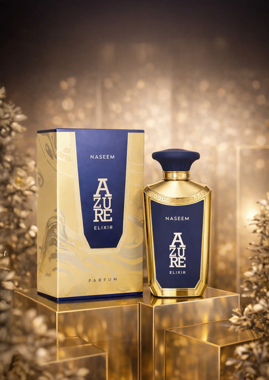 Naseem Azure Elixir Parfum 100ml with elegant gold perfume bottle and matching blue and gold fragrance box