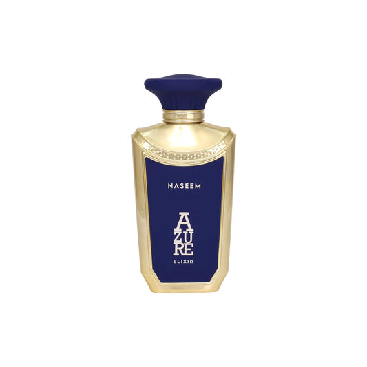 Naseem Azure Elixir Parfum 100ml in an elegant gold perfume bottle with a dark blue label and matching blue cap