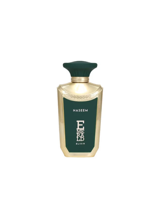 Naseem Emerald Elixir Parfum 100ml in an elegant gold perfume bottle with a deep green label and matching green cap