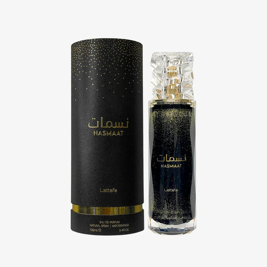 Nasmaat Parfum 100ml by Lattafa with black and gold cylindrical packaging and elegant black perfume bottle with crystal cap