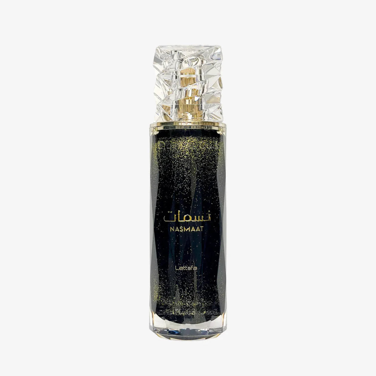 Nasmaat Parfum 100ml by Lattafa in an elegant black perfume bottle with a crystal-style cap and gold detailing