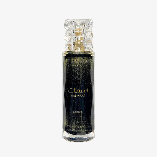 Nasmaat Parfum 100ml by Lattafa in an elegant black perfume bottle with a crystal-style cap and gold detailing